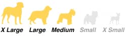 An image displaying a range of different dog sizes from Extra Small to Extra Large. The sizes Extra Large, Large, and Medium are highlighted in yellow, indicating that the product is specifically suited for dogs in these size categories.