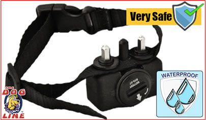 Image of the BC6 bark training collar with a black strap, angled slightly to the right. The heading 'Very Safe' is displayed at the top, 'Waterproof' is written at the lower right, and the TDL logo is visible at the lower left. Promotes the collar's safety and durability features