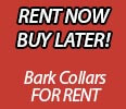 Red square button with the heading 'RENT NOW, BUY LATER.' Below, the text reads 'BARK COLLARS FOR RENT,' offering flexible options for renting or purchasing bark collars