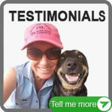 A Simple Button with an image of a woman wearing a chambray top, pink hat, and sunglasses, smiling alongside her black and tan Kelpie. The heading reads 'Testimonials,' inviting users to read feedback and stories from past clients about their experiences.