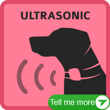 Cartoon silhouette of a dog wearing a bark collar, set against a solid pink background. The heading reads 'Ultrasonic,' referring to ultrasonic bark collars. At the bottom, a button says 'Tell Me More,' linking to detailed information about how ultrasonic bark collars work