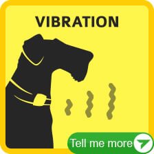 Cartoon silhouette of a dog wearing a bark collar, set against a solid light yellow background. The heading reads 'Vibration,' referring to vibration-only bark collars. At the bottom, a button says 'Tell Me More,' linking to detailed information about how vibration bark collars work.