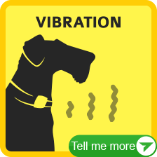 Cartoon silhouette of a dog wearing a bark collar, set against a solid light yellow background. The heading reads 'Vibration,' referring to vibration-only bark collars. At the bottom, a button says 'Tell Me More,' linking to detailed information about how vibration bark collars work.