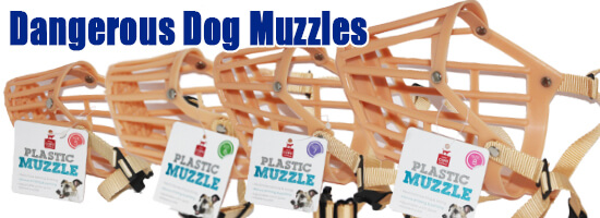 A range of beige plastic cage dog muzzles in different sizes, from small to extra large. Each muzzle features a matching beige strap and a secure black tri-clip buckle, designed to prevent biting while ensuring comfort for dogs. The attached item tag displays the product title: 'Plastic Muzzle