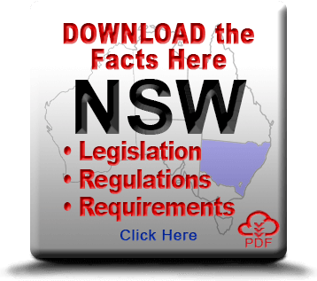 Button labeled 'Download New South Wales - Australia Dangerous Dogs Regulation' with key sections: Legislation, Regulations, and Requirements. Features a 'Click Here' prompt and a PDF icon, indicating a downloadable document outlining New South Wales Australia-specific dangerous dog laws.