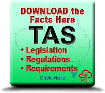 Button labeled 'Download Tasmania - Australia Dangerous Dogs Regulation' with key sections: Legislation, Regulations, and Requirements. Features a 'Click Here' prompt and a PDF icon, indicating a downloadable document outlining Tasmania Australia-specific dangerous dog laws.