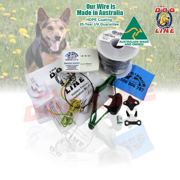 An image displaying the Pet Barrier Premium Electric Dog Fence designed for small dogs, including the transmitter box, wire, power plug, receiver collar with probes, magnetic tool, and training flags, offering a comprehensive and dependable solution for creating an invisible fence around your yard.