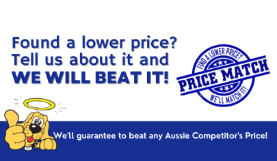 A happy brown dog giving a thumbs-up next to bold text that reads, 'FOUND A LOWER PRICE? TELL US ABOUT IT AND WE WILL BEAT IT!' The banner highlights The Dog Line’s price-beat guarantee, ensuring customers get the best deal against any Australian competitor.